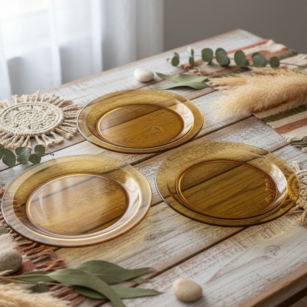Vereco Amber Glass Dessert Plates, Set of 3, Vintage Style Yellow Glassware